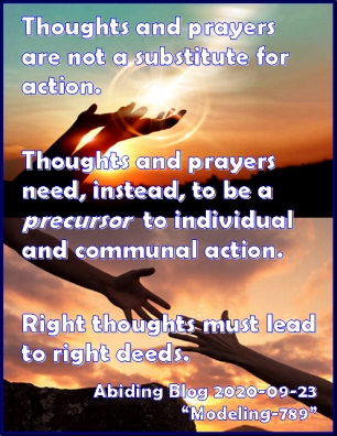 Thoughts and prayers are not a substitute for action. Thoughts and prayers need, instead, to be a PRECURSOR to individual and communal action. Right thoughts must lead to right deeds. #Prayer #Action #AbidingBlog2020Modeling789